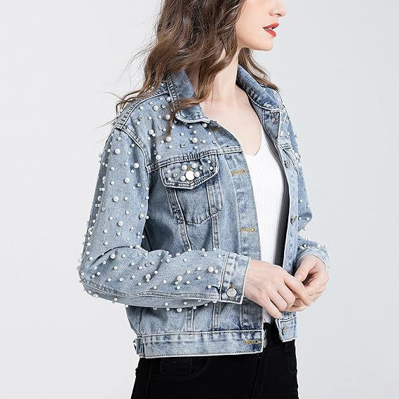 Damen Denimjacke Perlenverzierungen Blau Eveloria