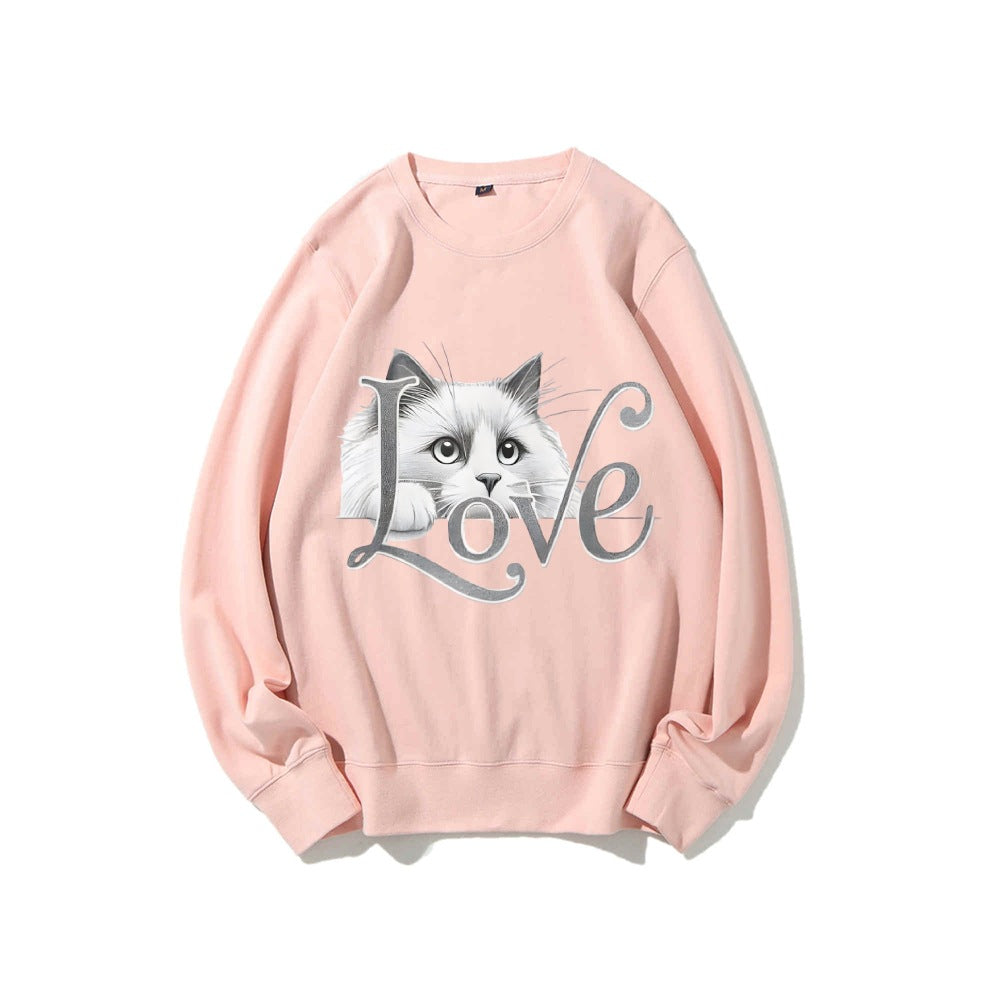 Damen Sweatshirt Katzenmotiv Lässig Grau Eveloria