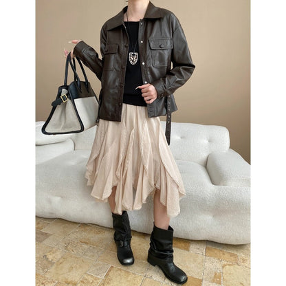 Damen Kunstlederjacke Funktions-Taschen Modischer Schnitt