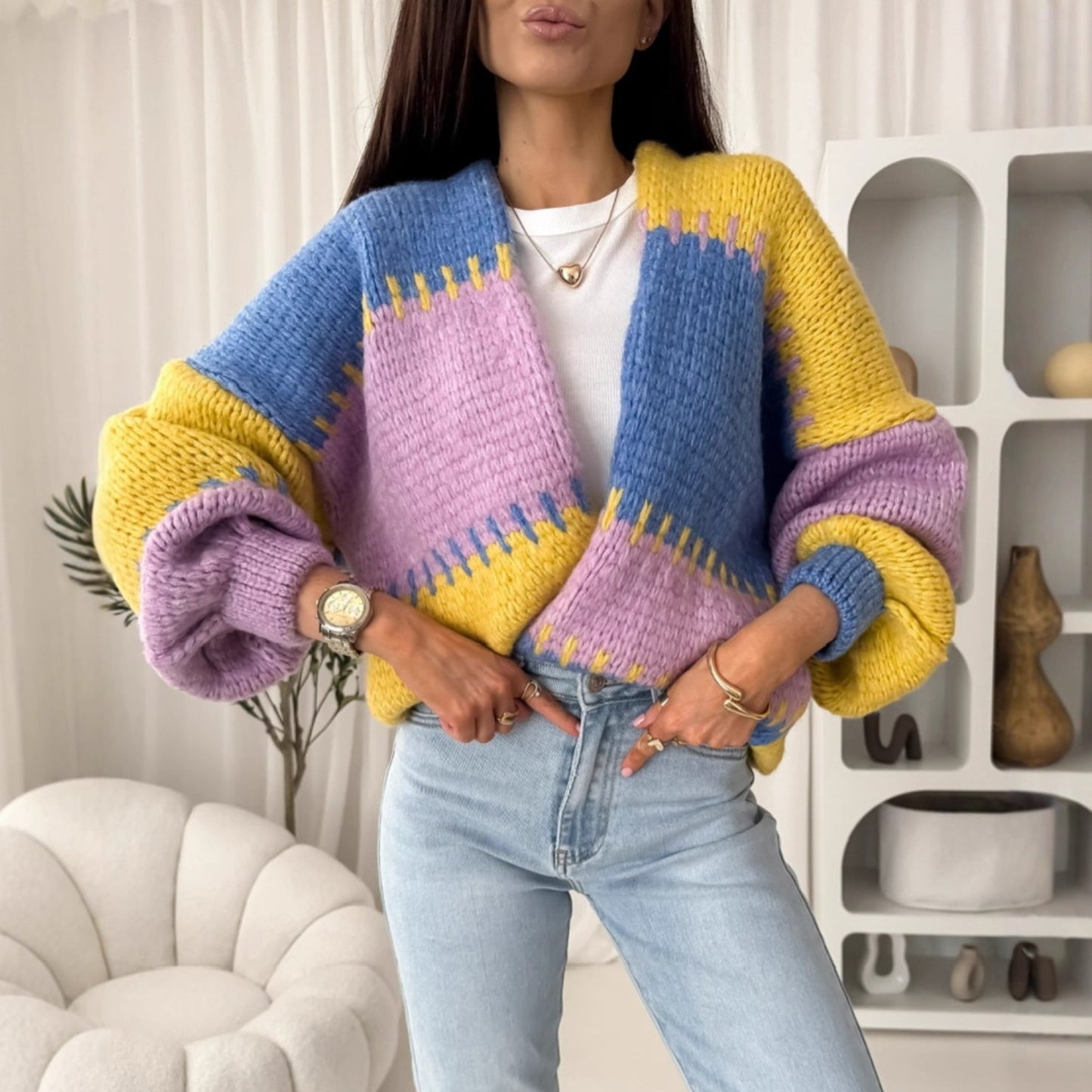 Damen Strickjacke Voluminöse Ärmel Geometrisches Muster