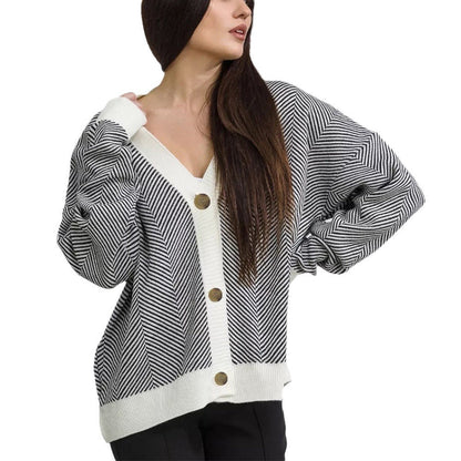 Damen Strickcardigan Chevron Muster Elegante Knöpfe