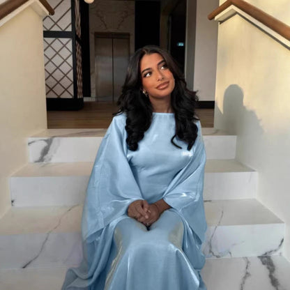 Damen Satin Maxi-Kleid Weites Design Elegante Ärmel Blau