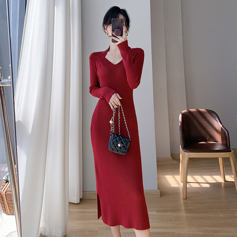 Damen Strickkleid V-Ausschnitt Seitenschlitze Eveloria