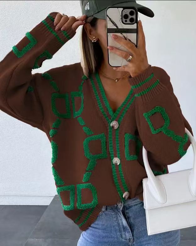 Damen Cardigan Geometrisches Muster Knopfleiste Anthrazit