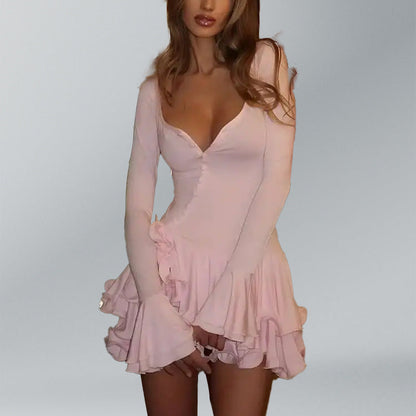 Damen Minikleid Rüschen Druckknopfverschluss