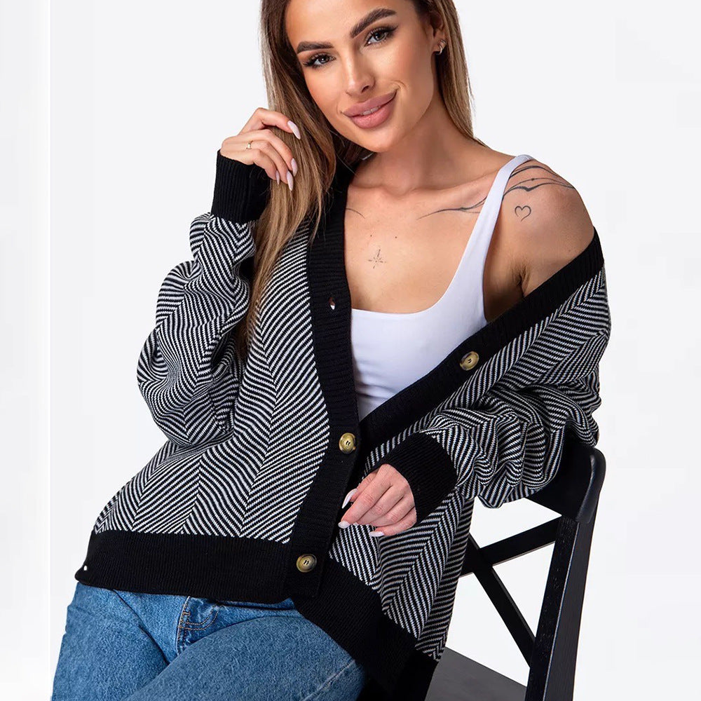 Damen Strickcardigan Chevron Muster Elegante Knöpfe - Eveloria