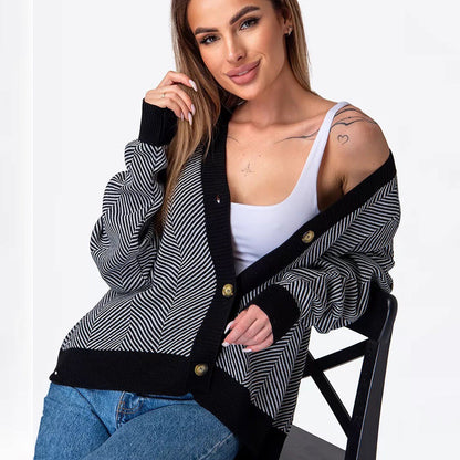 Damen Strickcardigan Chevron Muster Elegante Knöpfe - Eveloria