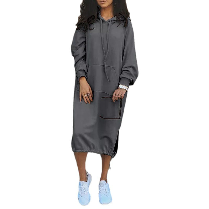 Damen Hoodie-Kleid Baumwolle Eingrifftaschen Regulierbar