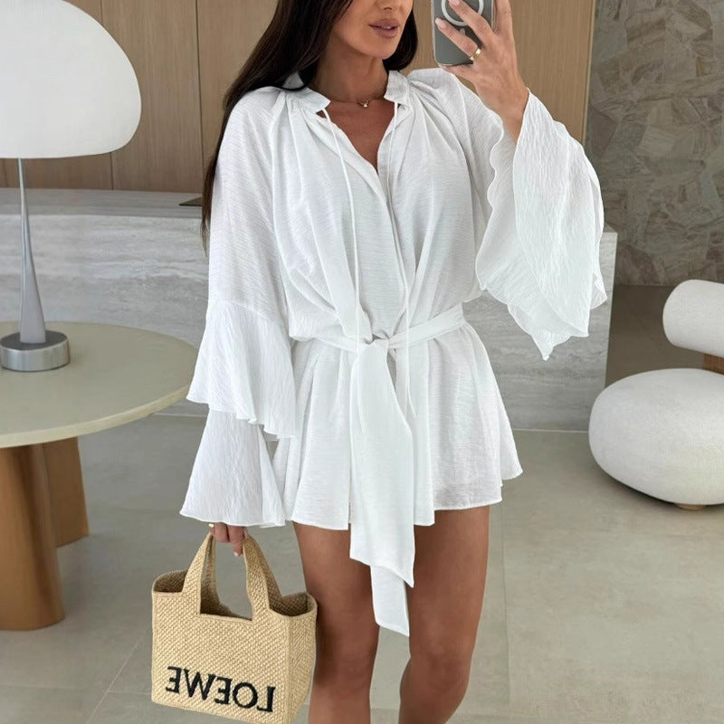 Damen Kaftan-Oberteil Luftig Weite Ärmel Taillengürtel - Eveloria
