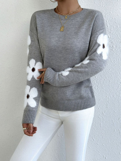 Damen Pullover Florales Design Strukturiertes Jersey