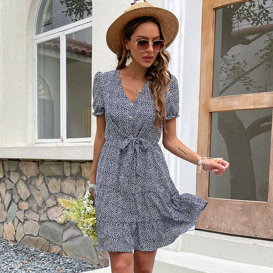Damen Blümchenkleid mit Knopfleiste und Taillengürtel - Eveloria