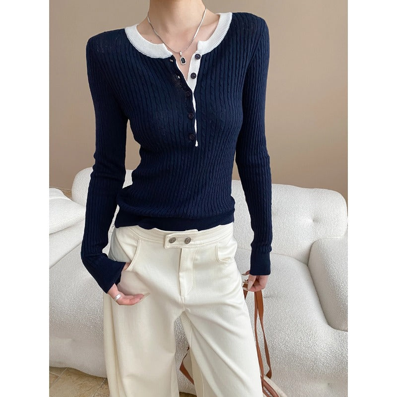 Damen Henley-Pullover Rippstruktur Lässig Eveloria
