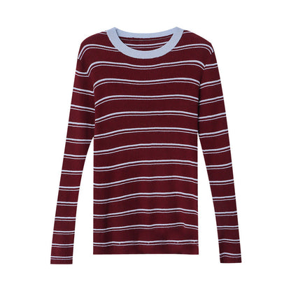 Damen Langarmshirt Streifen Feine Rippstruktur Weiß/