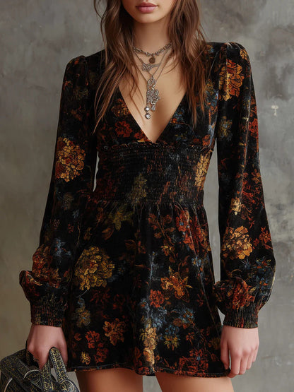 Damen Mini-Kleid Blumenmuster V-Ausschnitt Eveloria