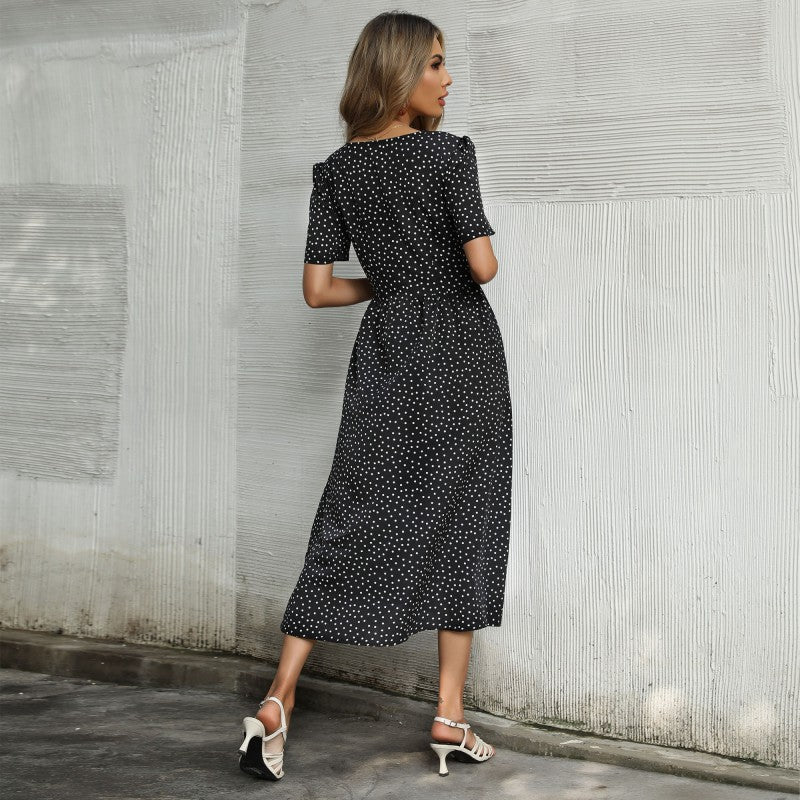 Damen Midi-Kleid Punktmuster Elegante Knopfleiste