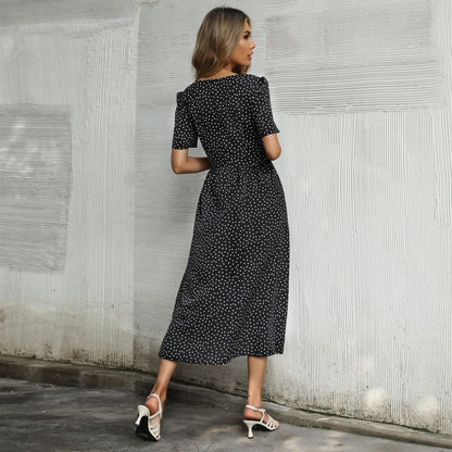 Damen Midi-Kleid Punktmuster Elegante Knopfleiste
