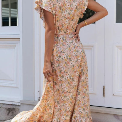 Damen Maxikleid Blumendruck Rüschendetails Eveloria