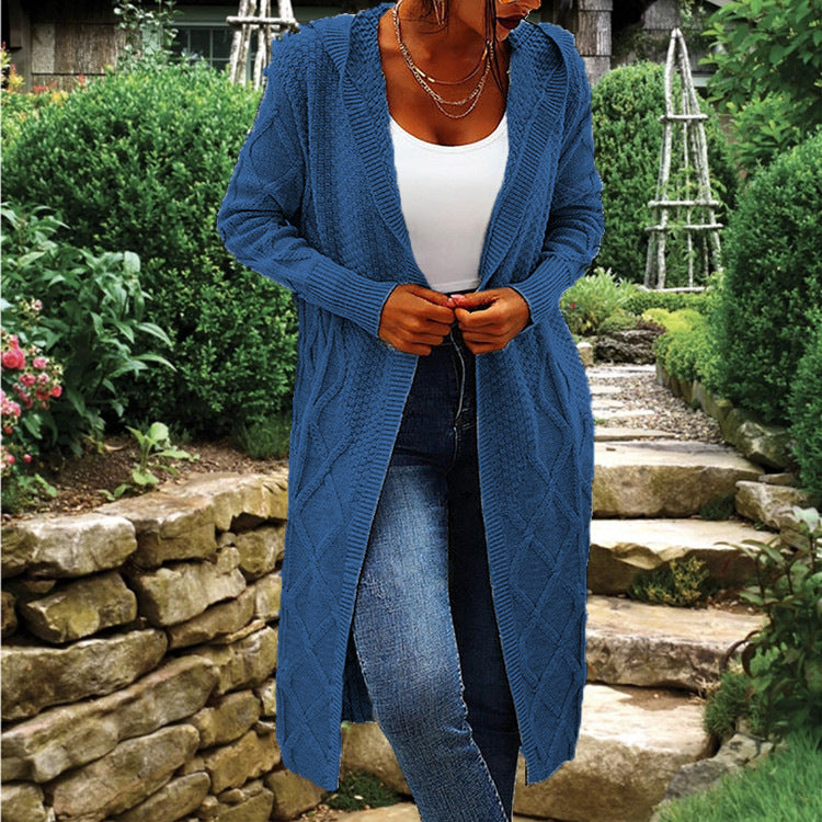 Damen Strickcardigan Lang Hochkragen Zopfmuster Beige
