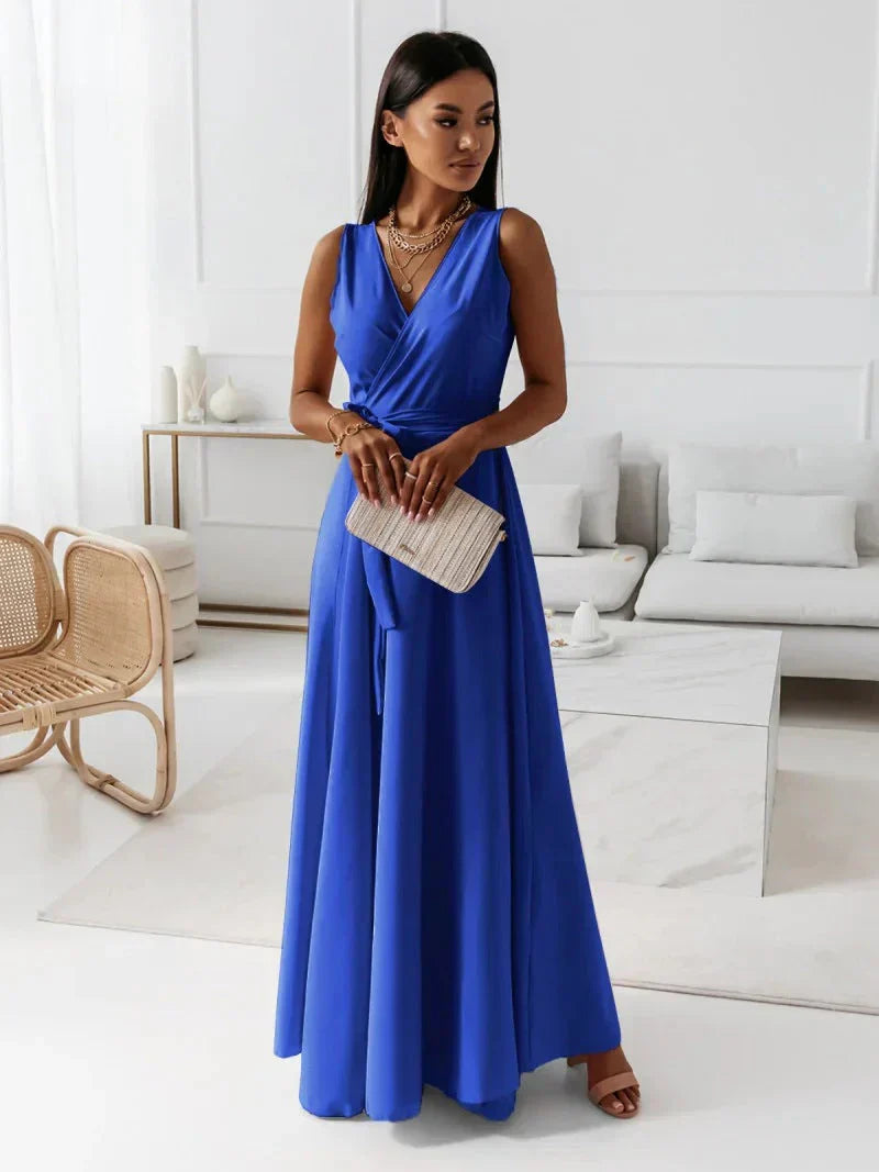 Damen Einfarbiges Langkleid V-Ausschnitt