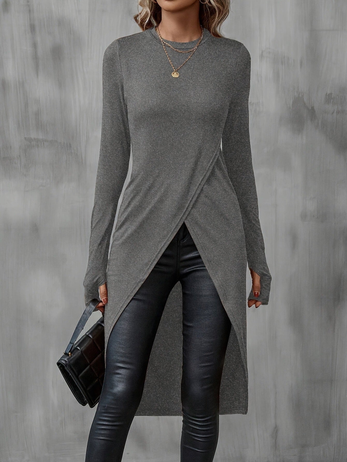 Damen Wickelkleid Langarm Asymmetrisch Eveloria
