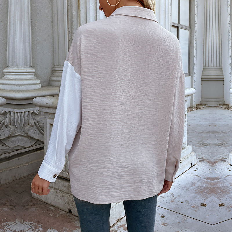 Damen Oversized Blusenhemd 2-Farb-Design Knopfdetails