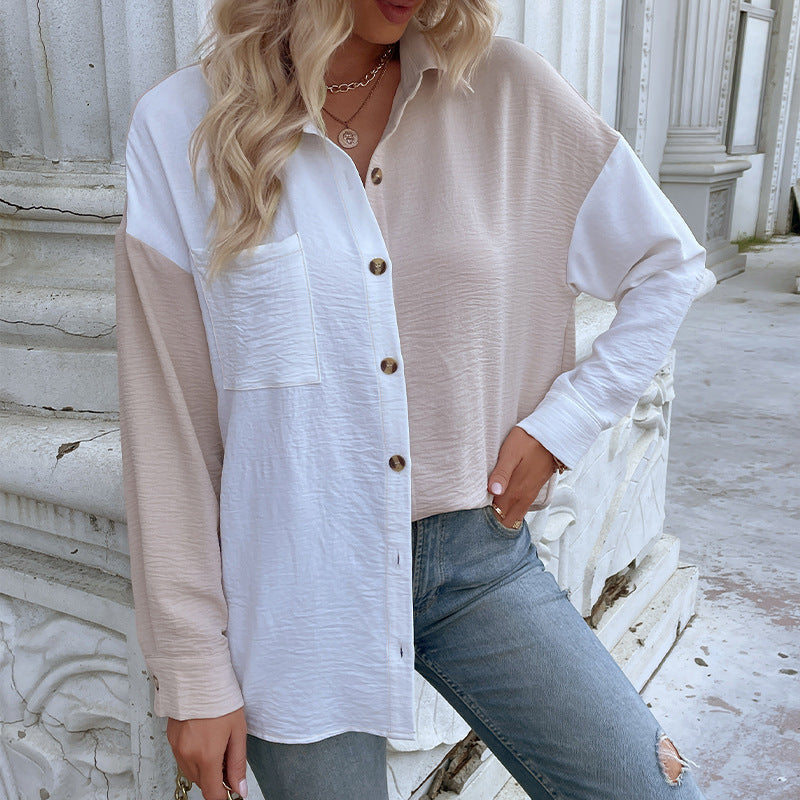 Damen Oversized Blusenhemd 2-Farb-Design Knopfdetails