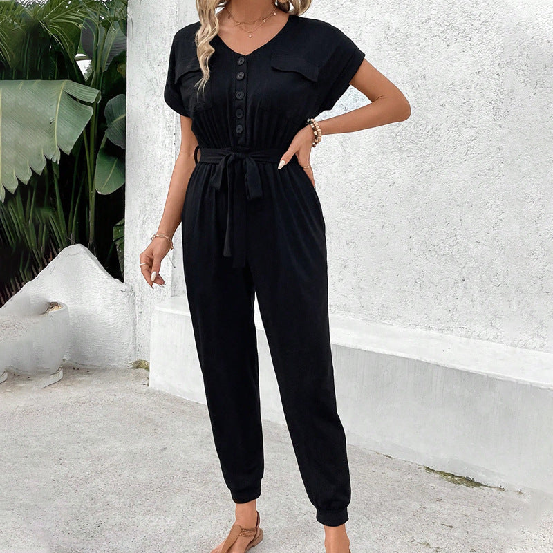 Damen Jumpsuit mit Taschen und verstellbarem Gürtel Eveloria