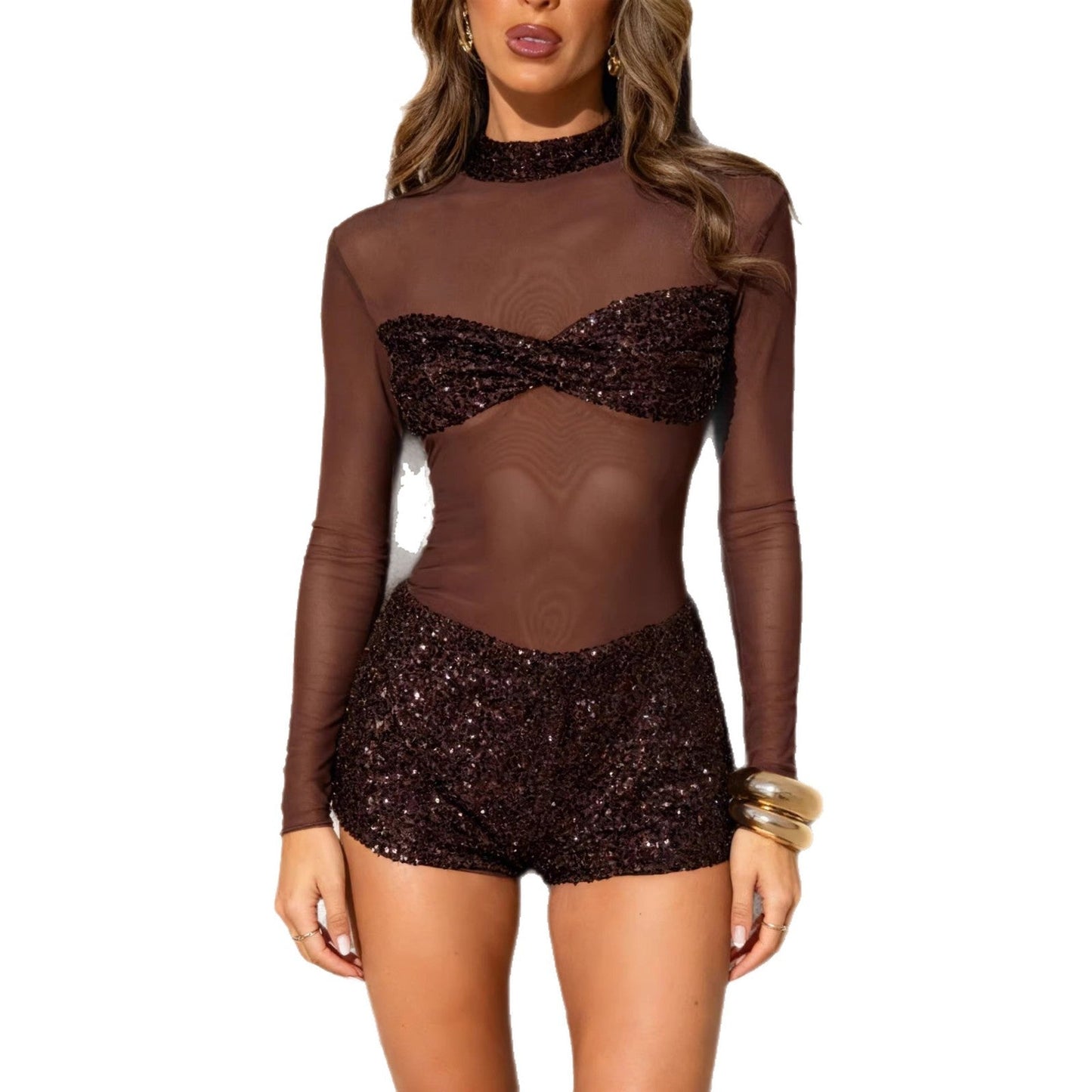 Damen Glitzer-Jumpsuit Lange Ärmel Eveloria