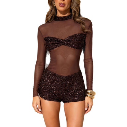 Damen Glitzer-Jumpsuit Lange Ärmel Eveloria