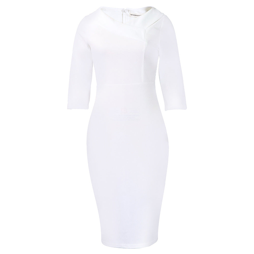 Eveloria Damen Midi-Kleid Figurbetont Asymmetrischer Kragen 3/4-Ärmel