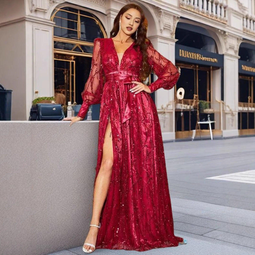 Damen Abendkleid Glitzernd Hochgeschlossener V-Ausschnitt
