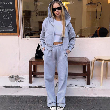 Damen Sweatjacke Jogginghose Set Cropped Grau Eveloria
