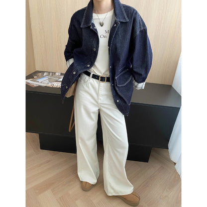 Damen Vintage Jeansjacke mit Taschen und Druckknöpfen Blau Eveloria