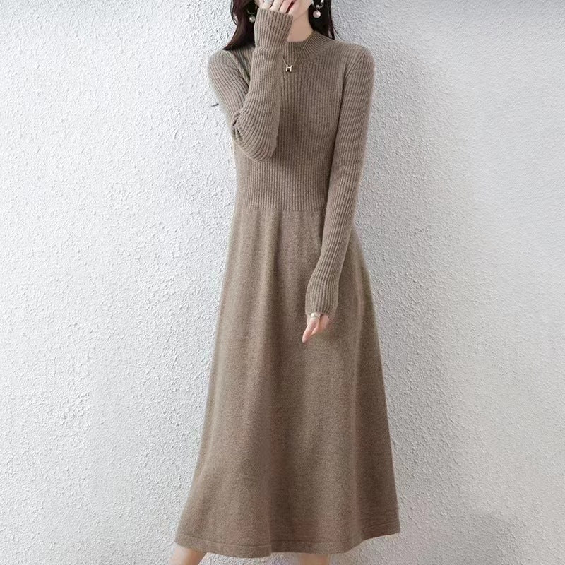 Damen Strickkleid Hochkragen Rippstruktur Anthrazit