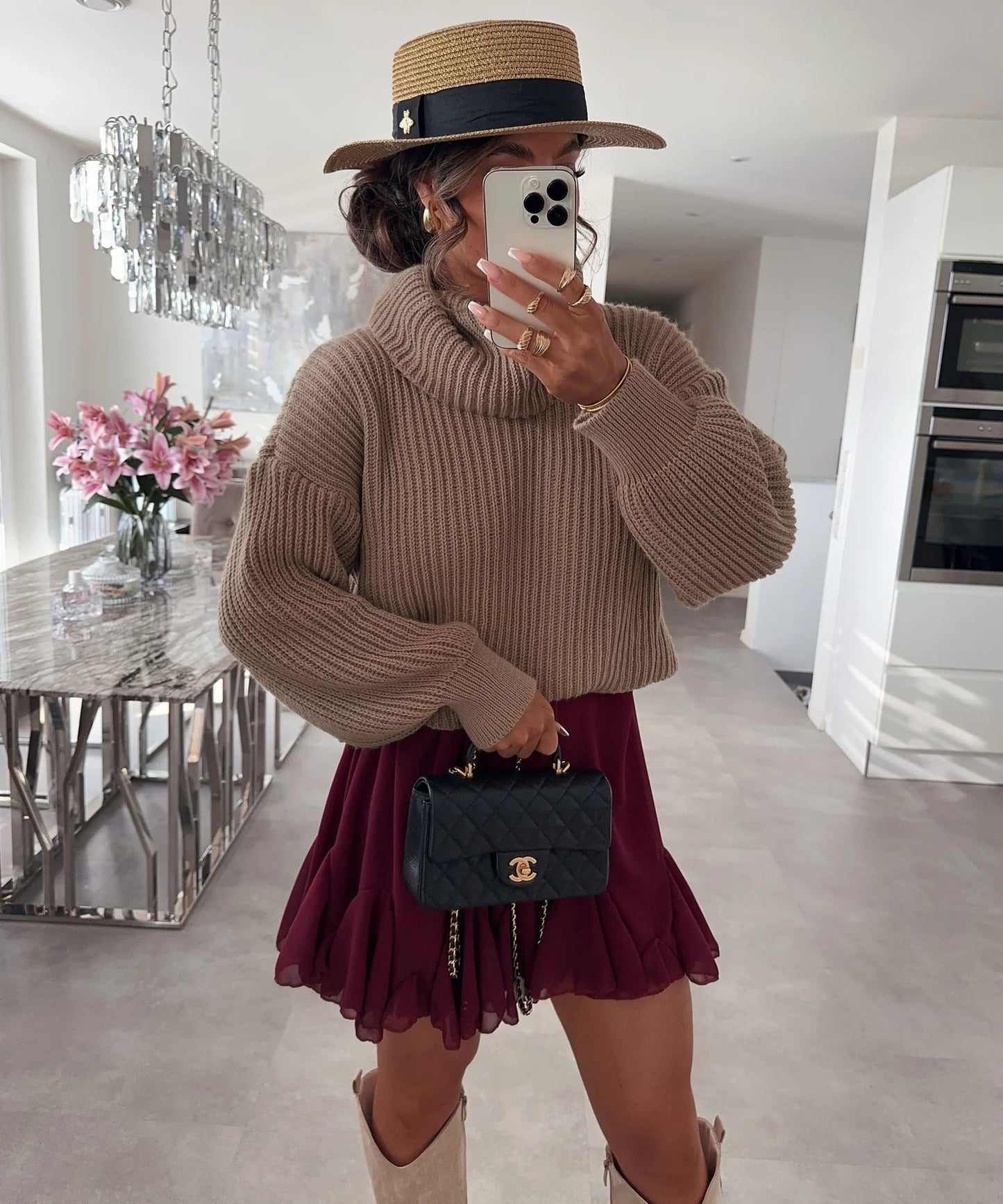 Damen Grobstrickpullover Hochkragen Weitärmelig Eveloria