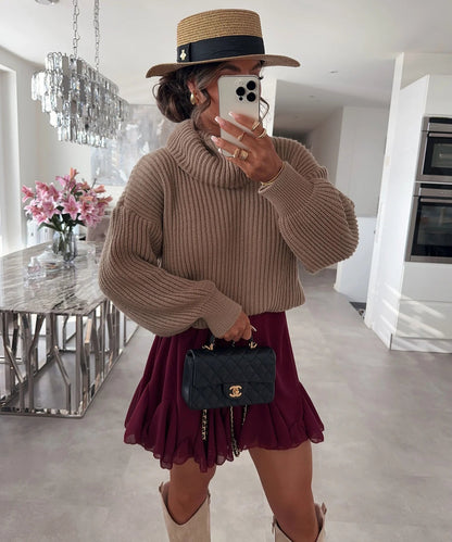 Damen Grobstrickpullover Hochkragen Weitärmelig Eveloria