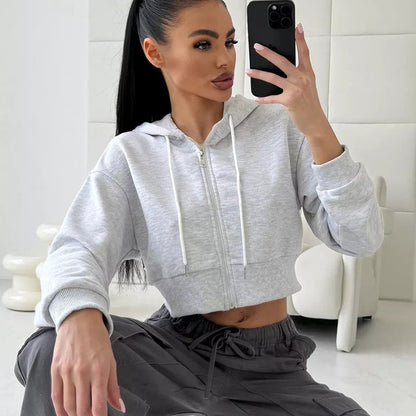 Damen Cropped Kapuzenpullover Lässiger Schnitt Mit Reißverschluss