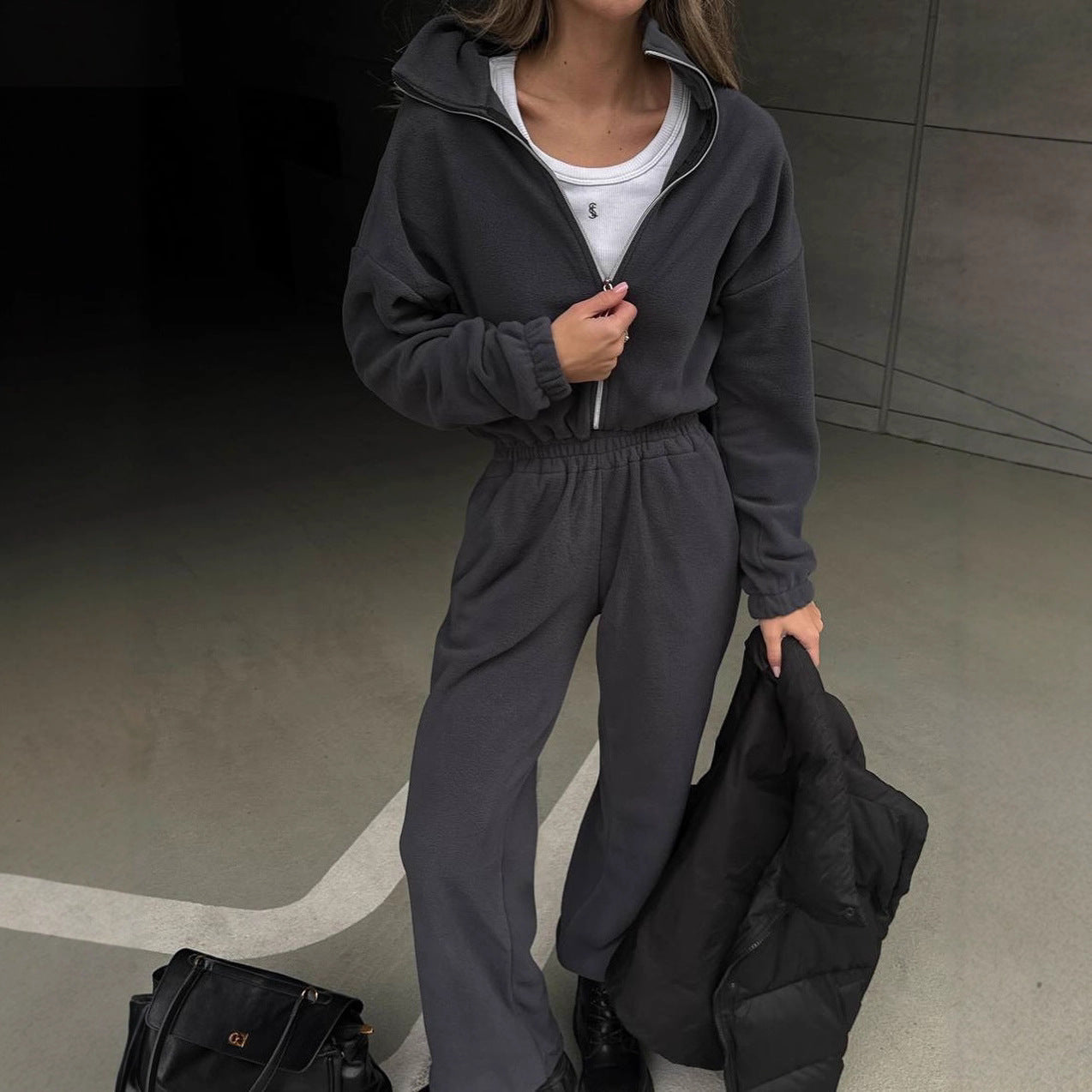 Damen Fleece-Loungewear-Set Hochkragen Taschen Eveloria