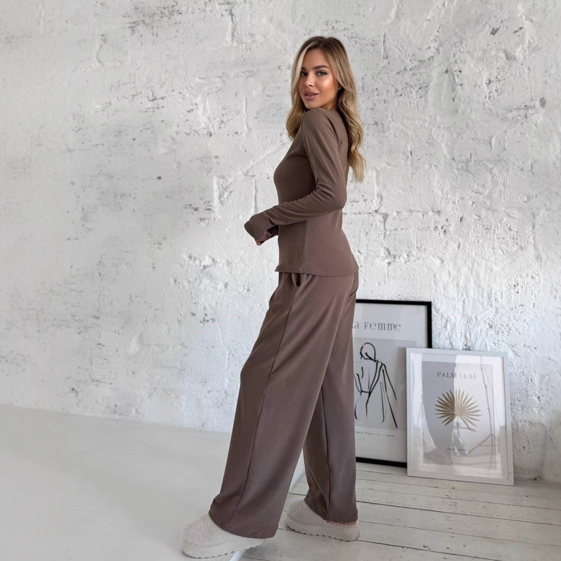 Damen Lounge-Anzug Atmungsaktiver Baumwollmix Beige