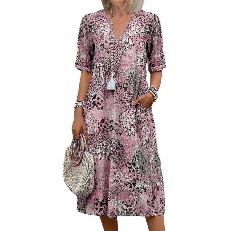 Damen Tunika-Kleid Muster V-Ausschnitt Eveloria