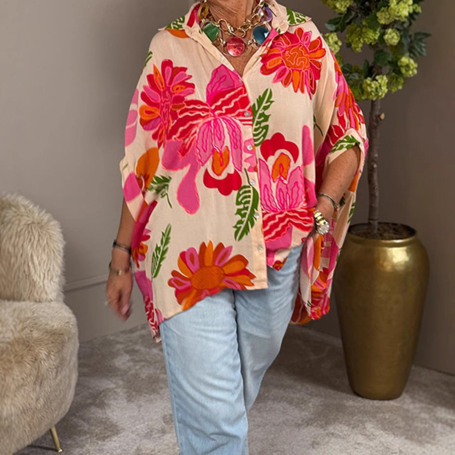 Damen Kimono Bluse Bunt Blumen Design