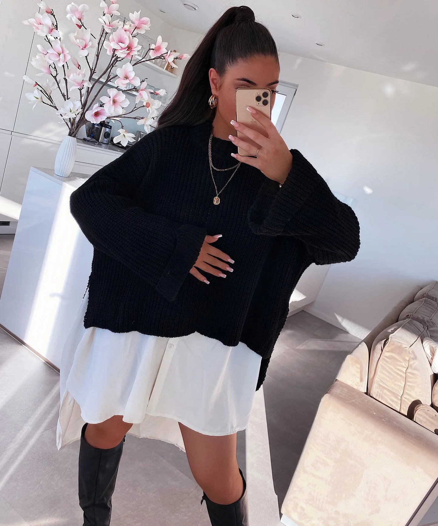 Damen Pullover Strukturiertes Gewebe Weit Schnitt Beige Eveloria