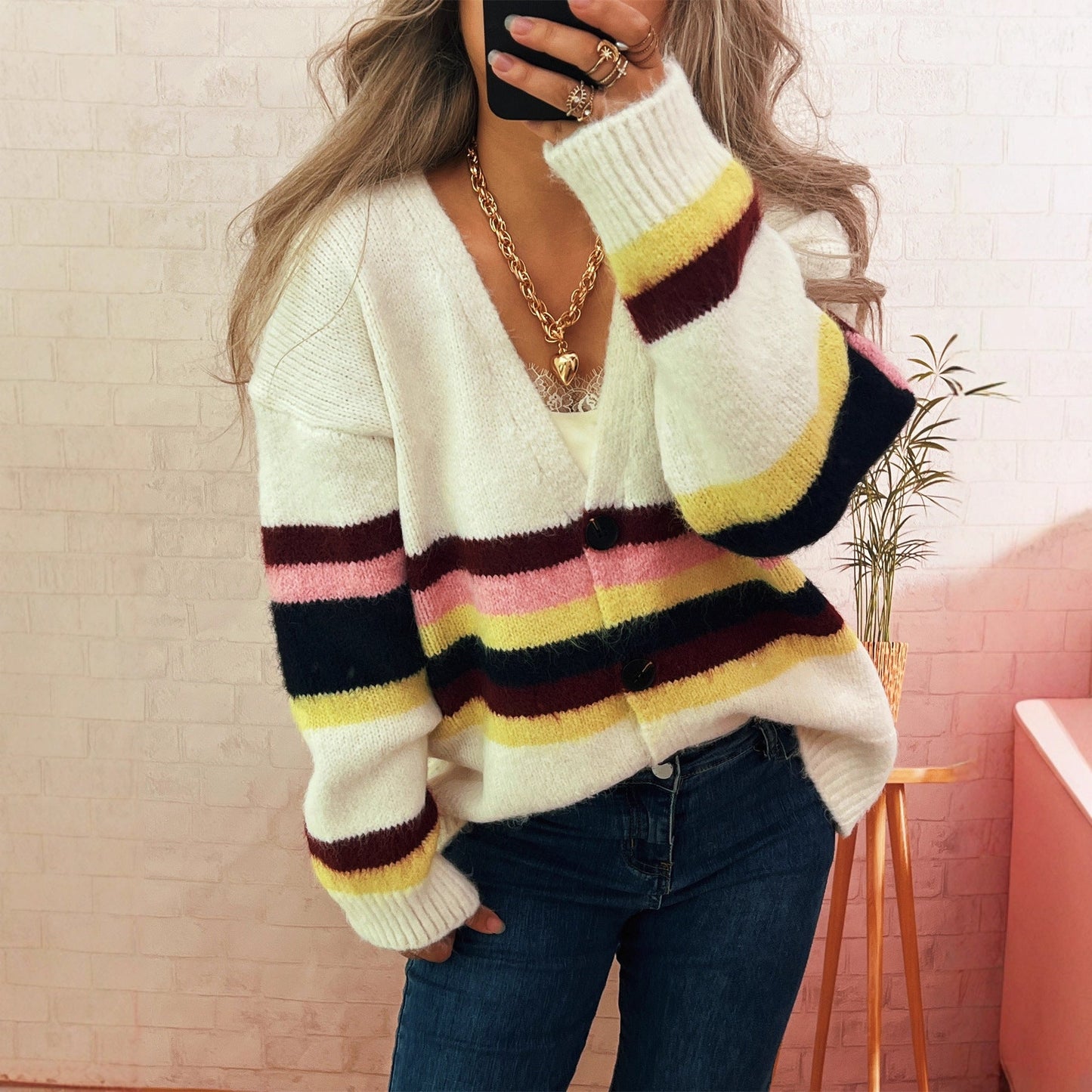 Damen Strickjacke Kuschelig Streifen Elegant Beige