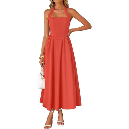 Damen Maxikleid Schulterfrei Halterneck Fließend