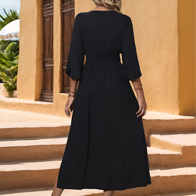 Damen Maxikleid V-Ausschnitt Schwingärmel Eveloria