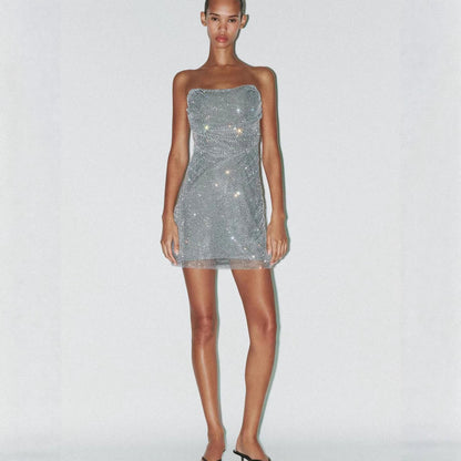 Damen Cocktailkleid Schulterfrei Glitzernd Pailletten Eveloria