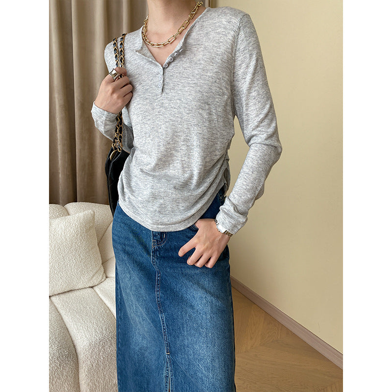 Damen Langarm-Henley-Pullover Weiches Strickmaterial Beige