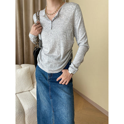 Damen Langarm-Henley-Pullover Weiches Strickmaterial Beige