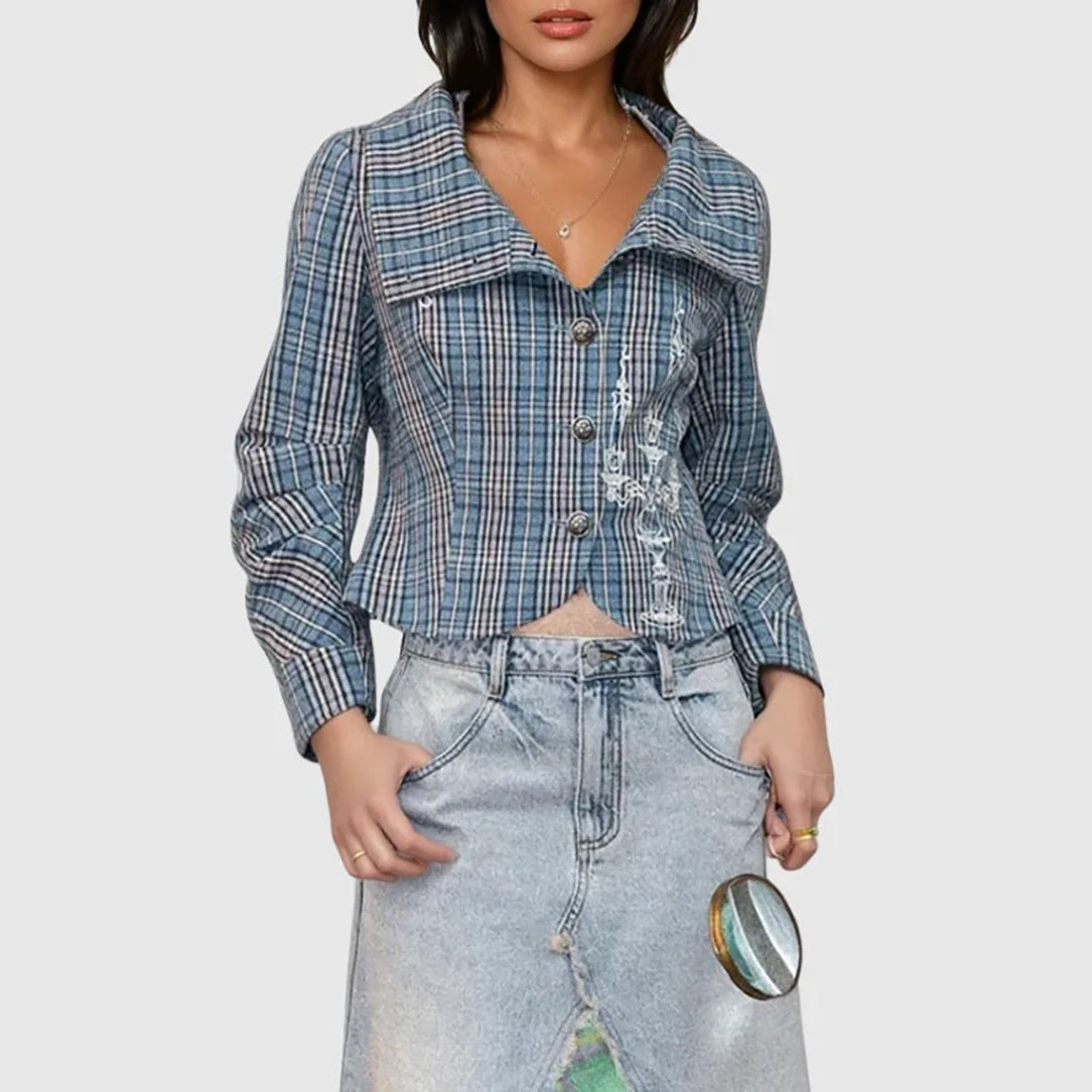 Damen Kurzjacke Kariert Mit Knöpfen Eveloria