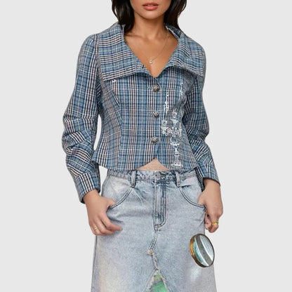 Damen Kurzjacke Kariert Mit Knöpfen Eveloria